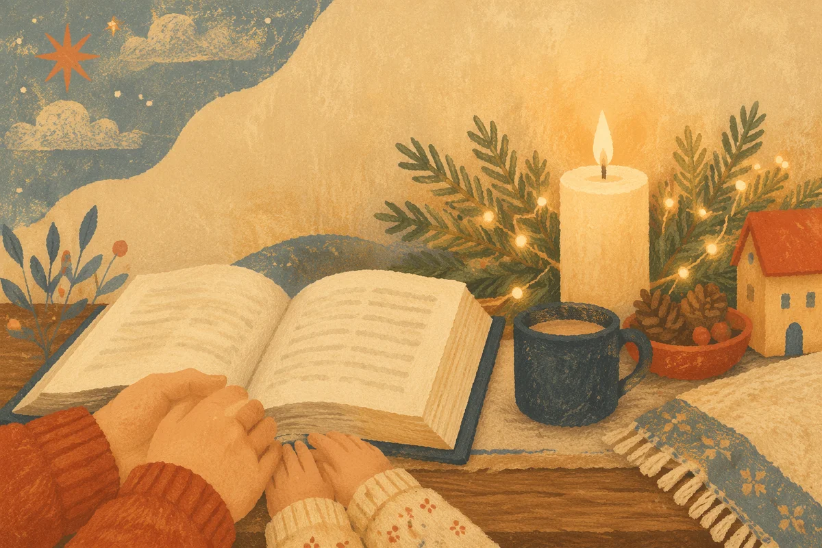 Open Book by Candlelit Evergreen Table