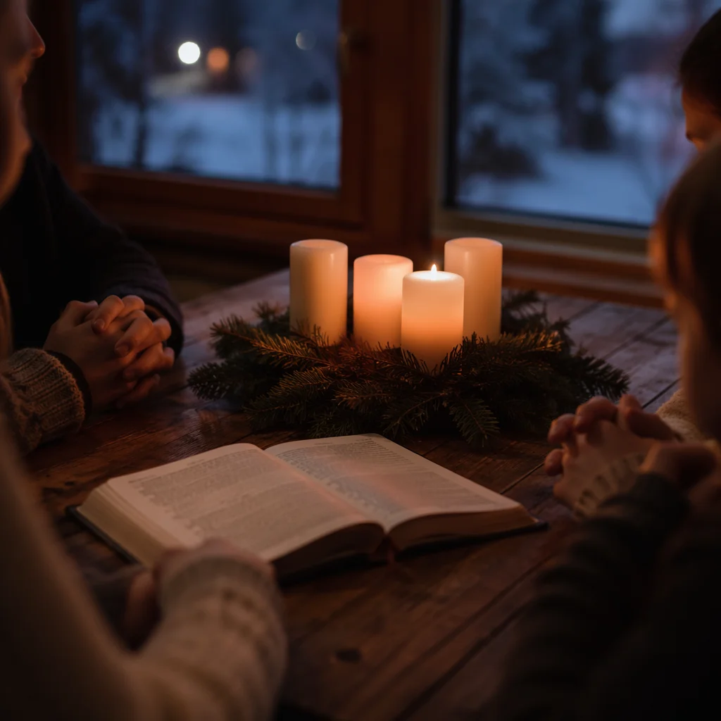 Family Hands Around Advent Candle Table