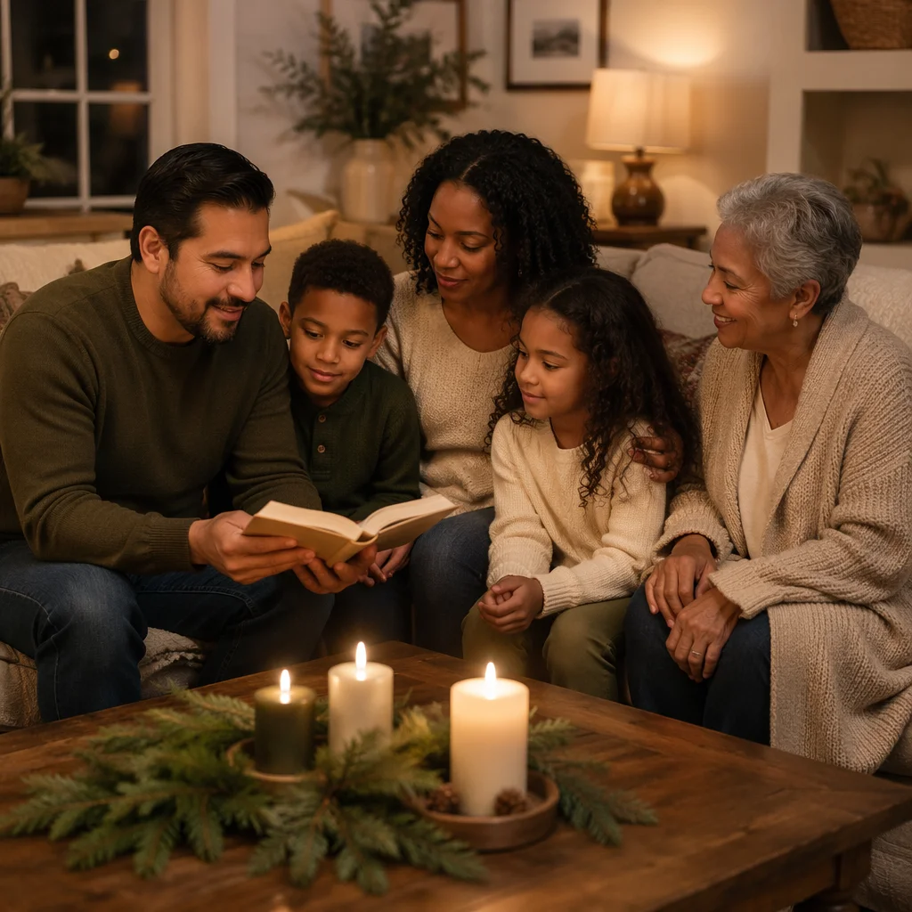 Family Reading by Candlelight on Winter Evening