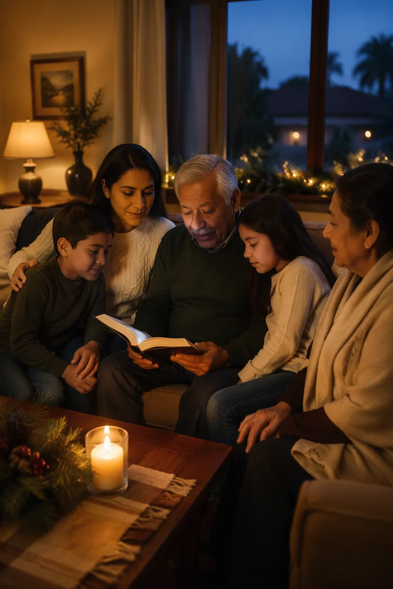 Family Reading by Candlelight on Winter Evening