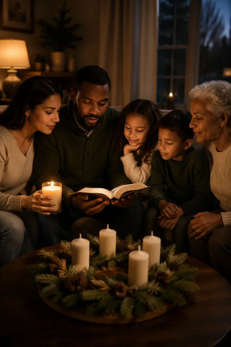 Family Reading Together by Candlelight