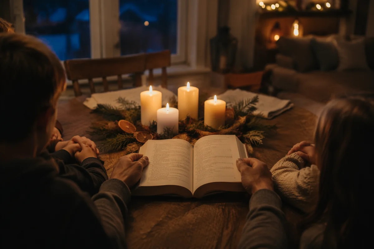 Family Reading by Candlelit Winter Table
