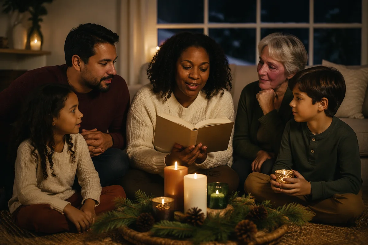 Family Reading by Candlelight on Winter Evening