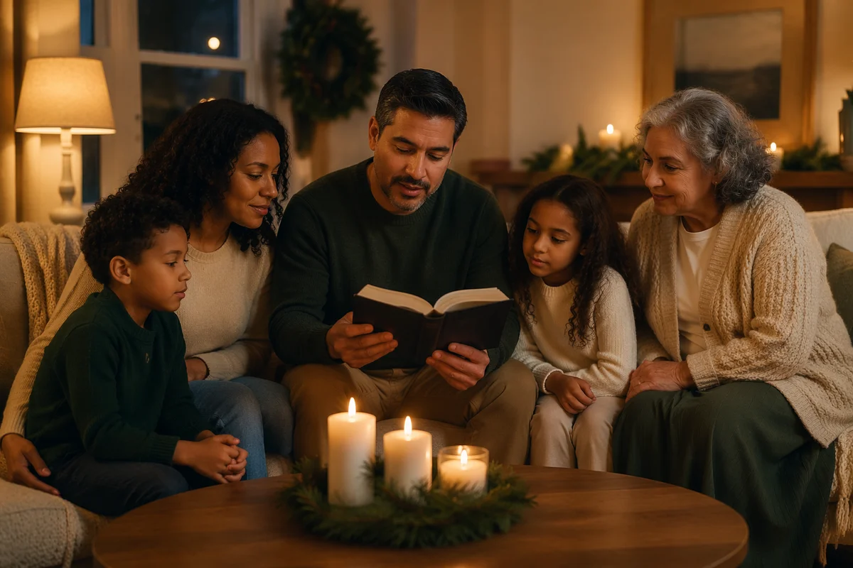 Family Reading Together by Candlelight Indoors