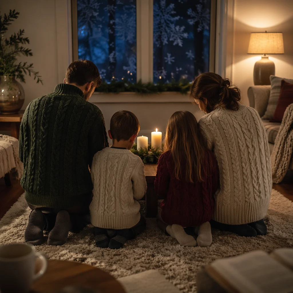 Family Kneeling in Advent Prayer at Home