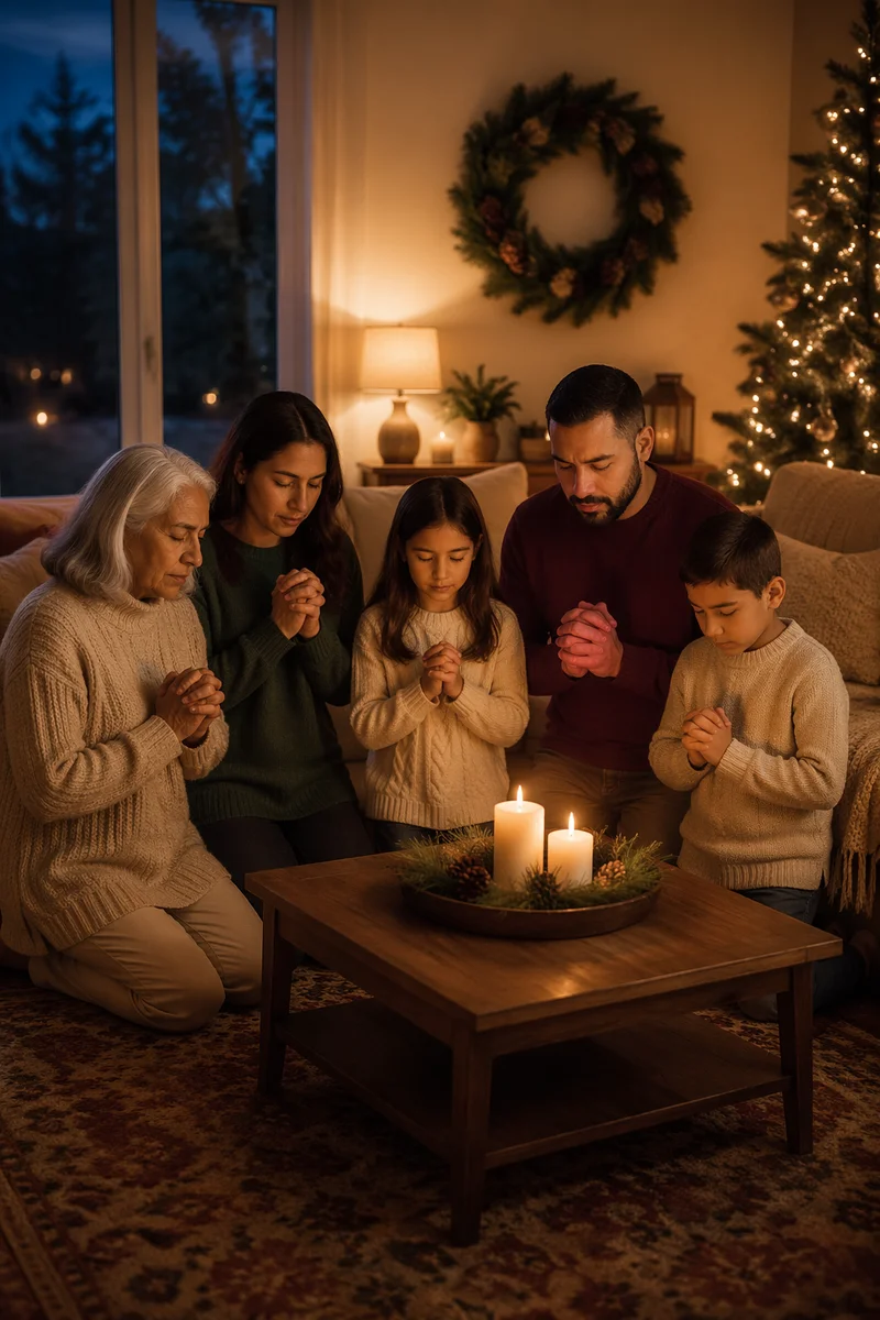 Family Kneeling in Cozy Winter Living Room