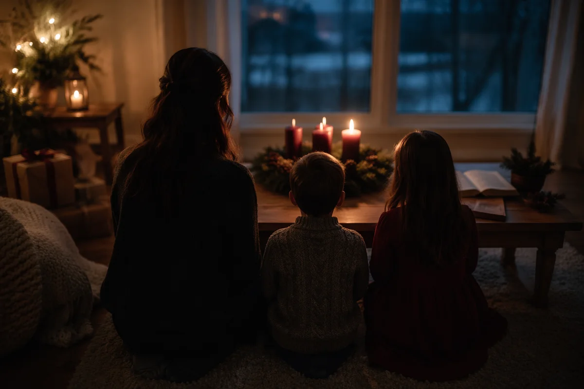 Family Kneeling for Advent Prayer at Dusk