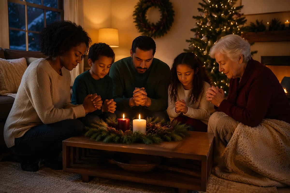 Family Kneeling in Cozy Living Room