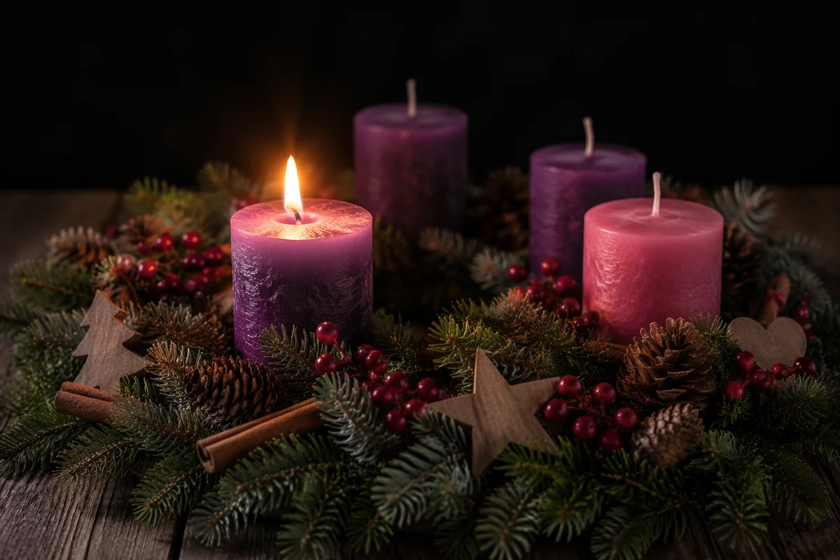 First Lit Purple Candle on Advent Wreath