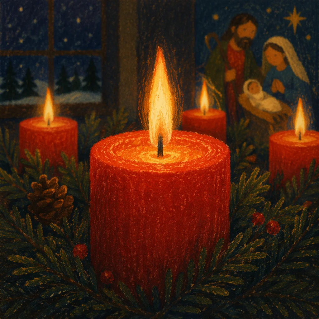 Four Lit Red Candles Advent Wreath