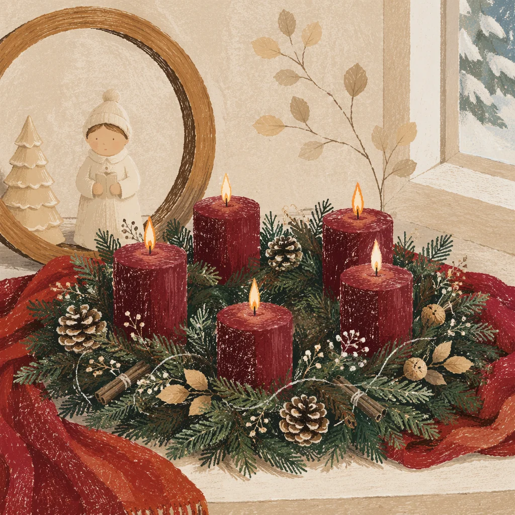 Lit Advent Wreath with Burgundy Candles