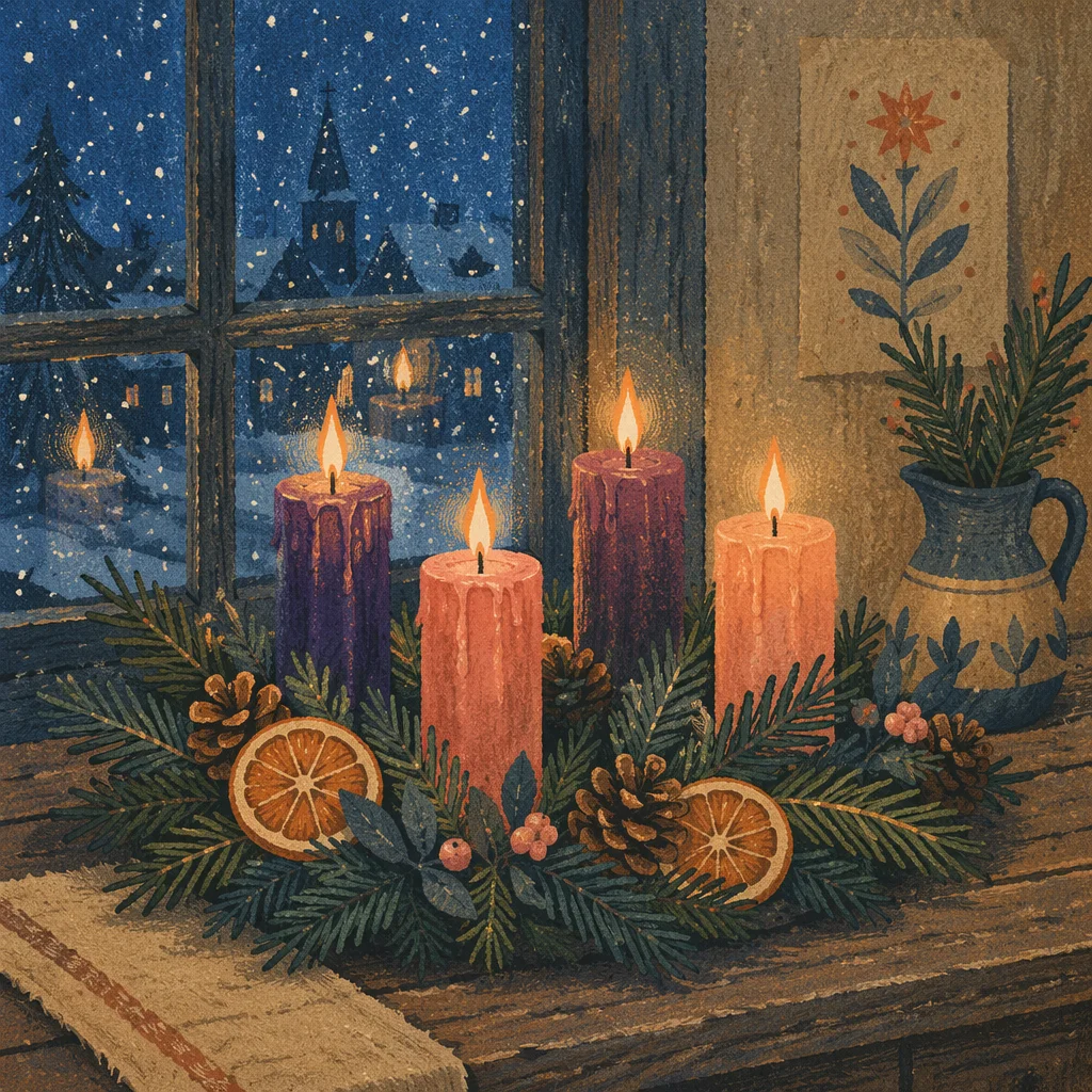 Lit Advent Wreath by Frosted Window