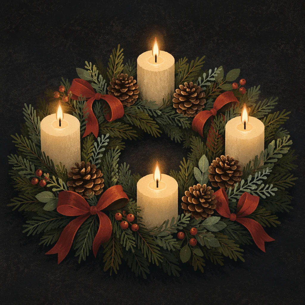 Lit Advent Wreath with Four Candles