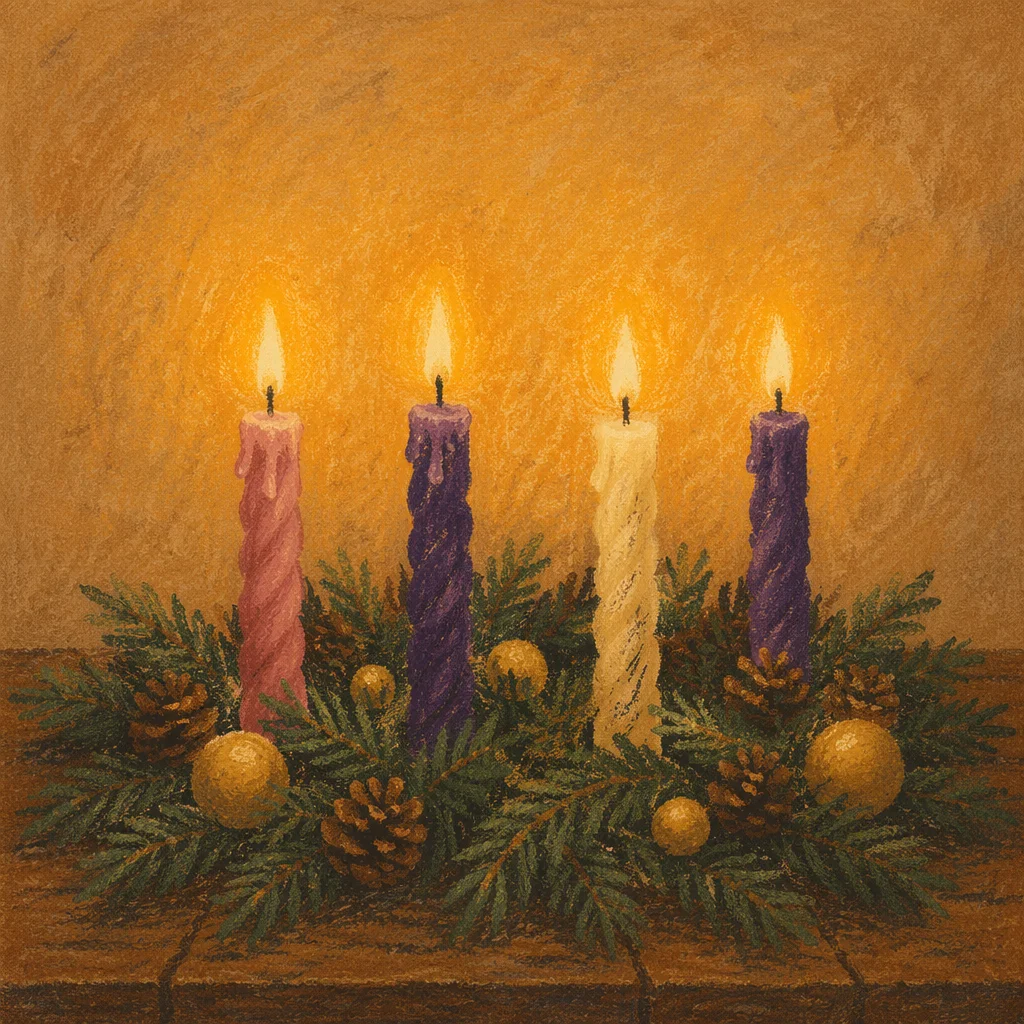 Lit Advent Wreath with Four Candles