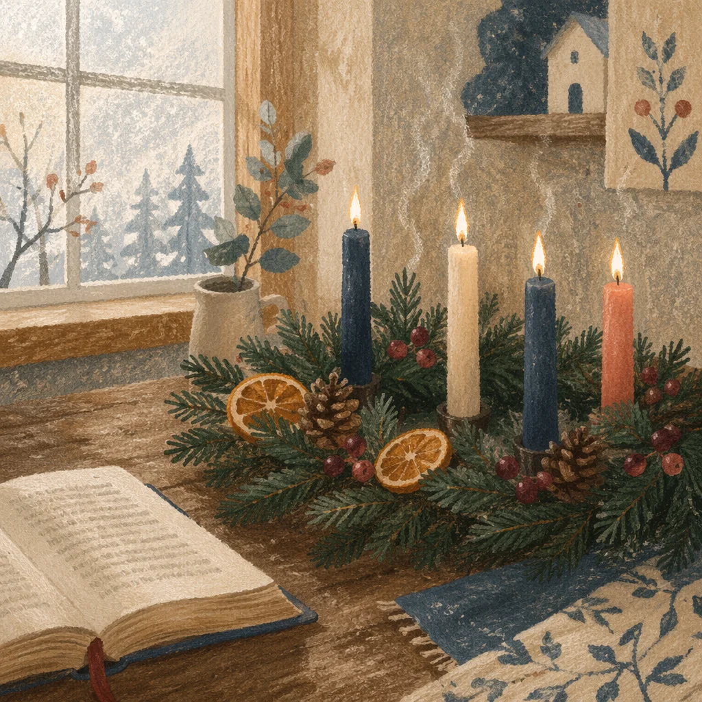 Lit Advent Wreath on Rustic Table