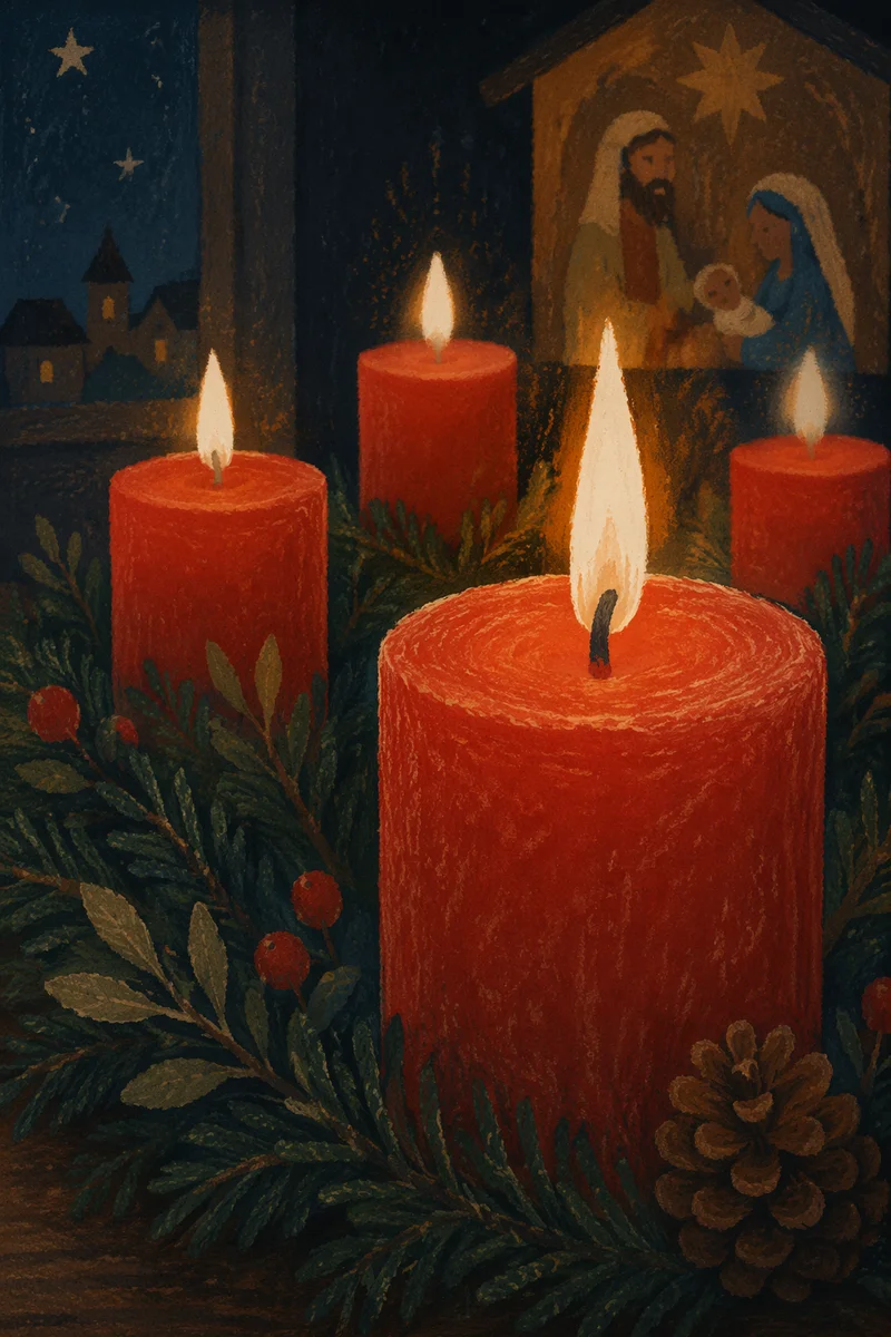 Four Lit Advent Candles in Evergreen Wreath