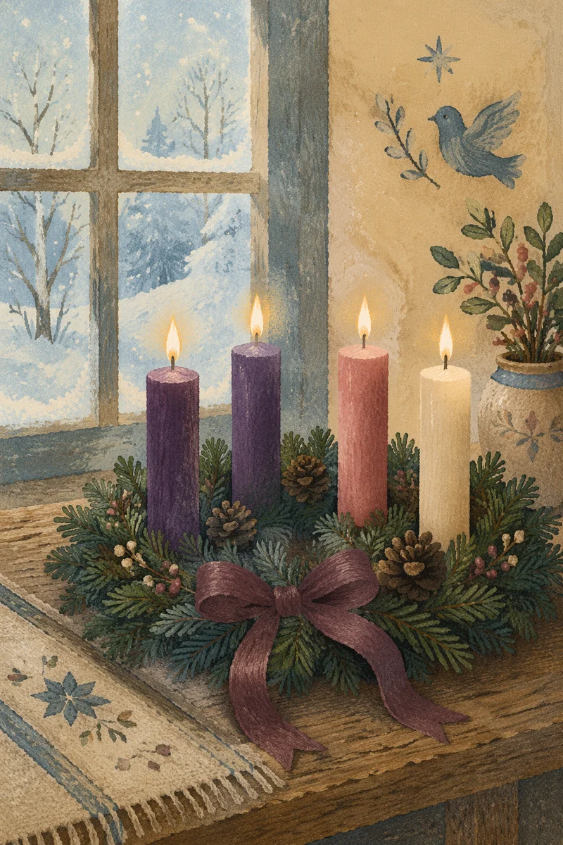 Four Lit Advent Candles by Winter Window