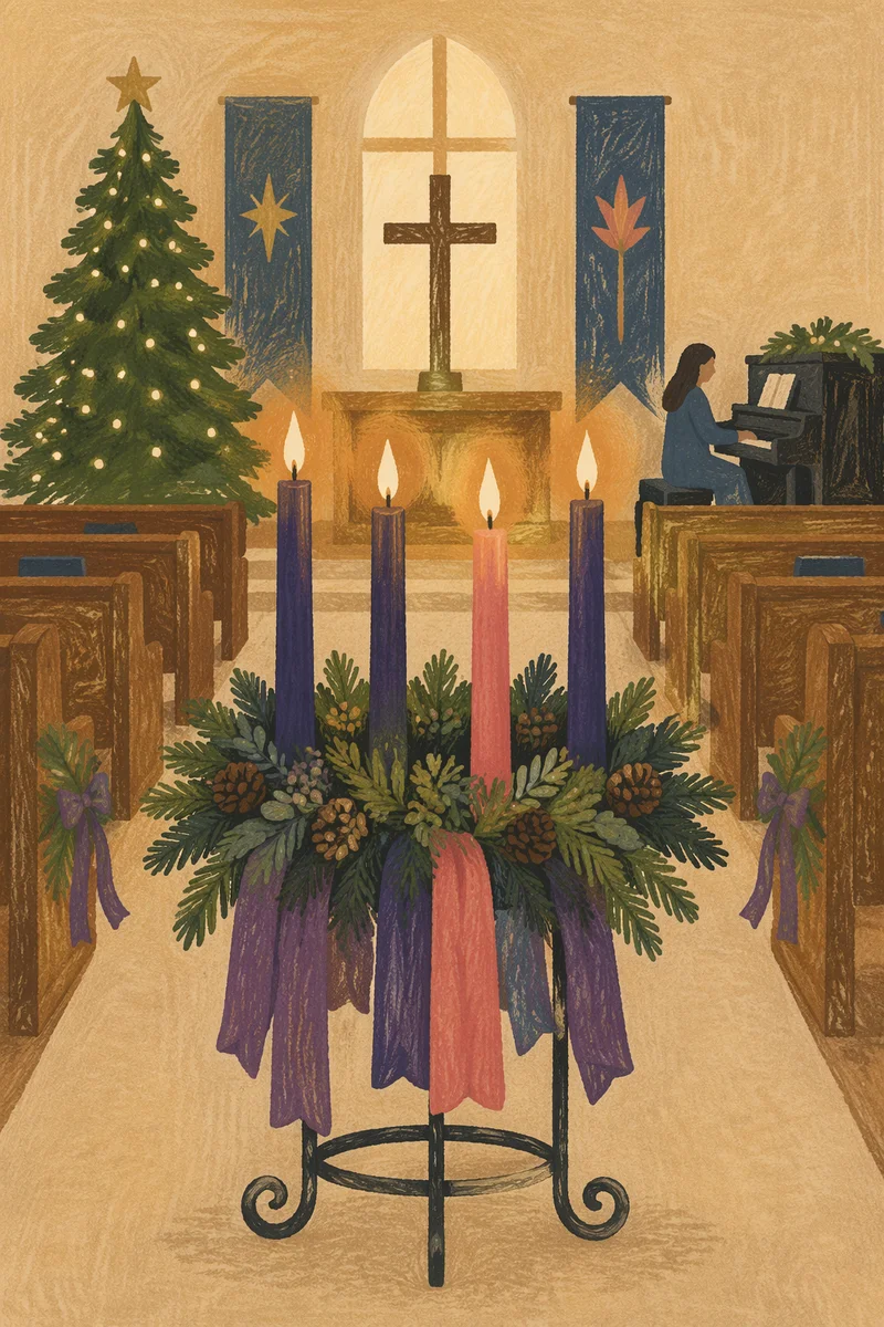 Four Lit Advent Candles in Church Sanctuary