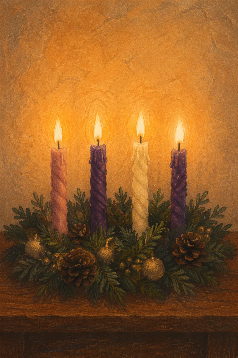 Lit Advent Wreath with Four Candles