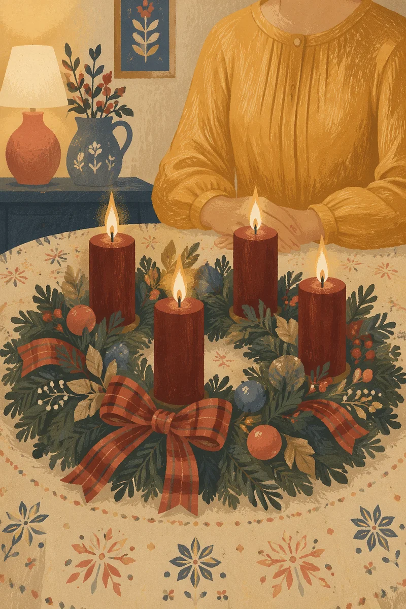Four Lit Advent Candles on Cozy Table