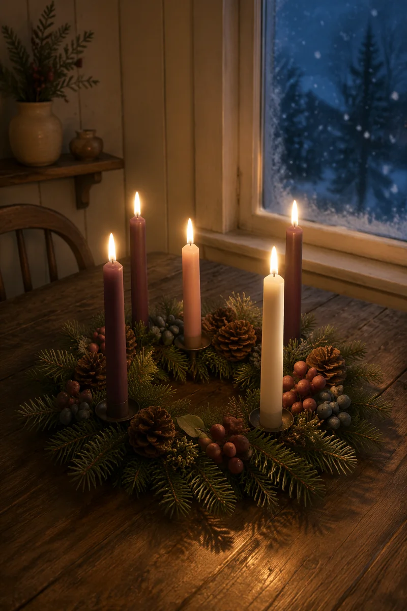 Peaceful Advent Wreath with Four Lit Candles