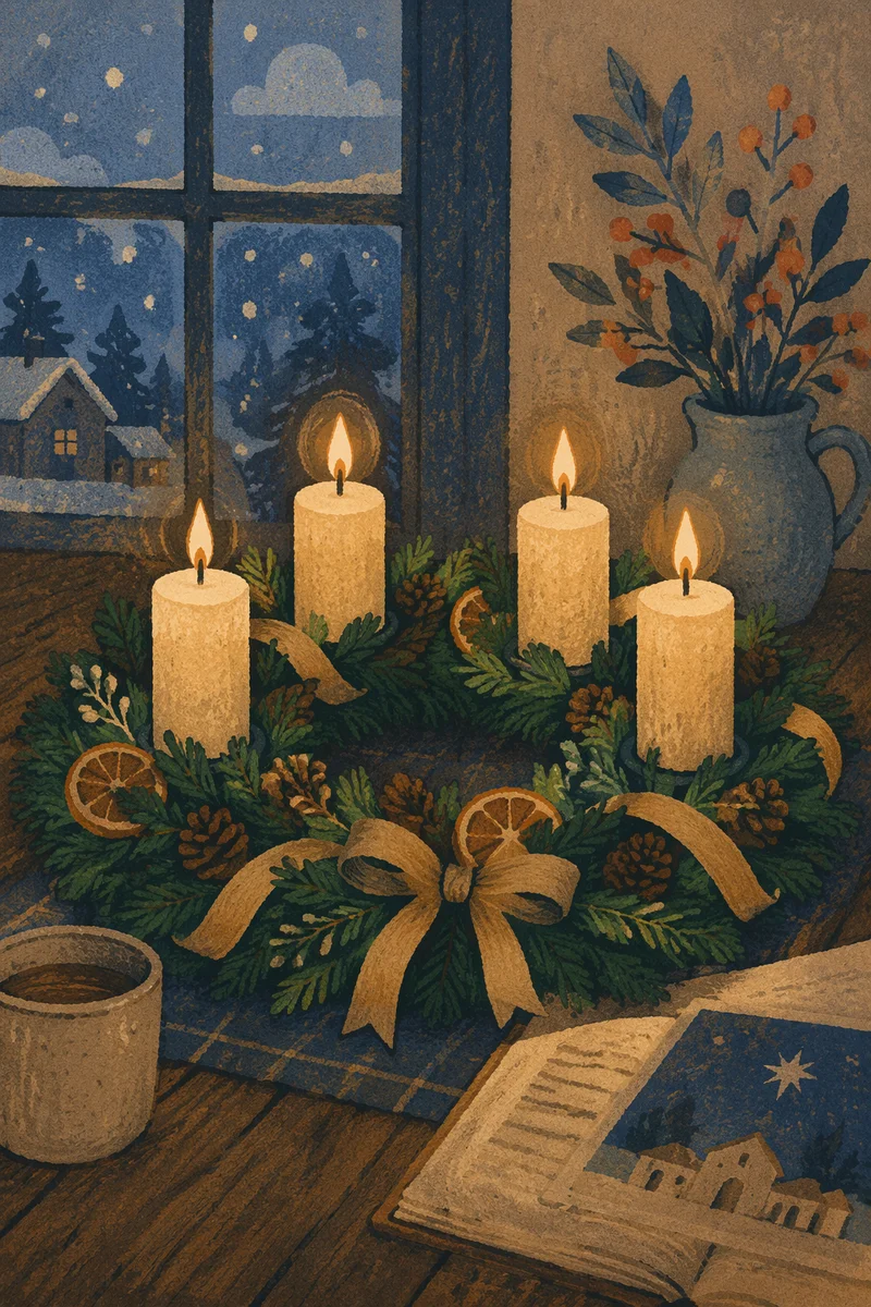 Four Lit Advent Candles on Rustic Wreath