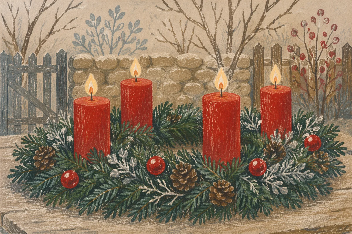 Four Lit Advent Candles in Winter Wreath