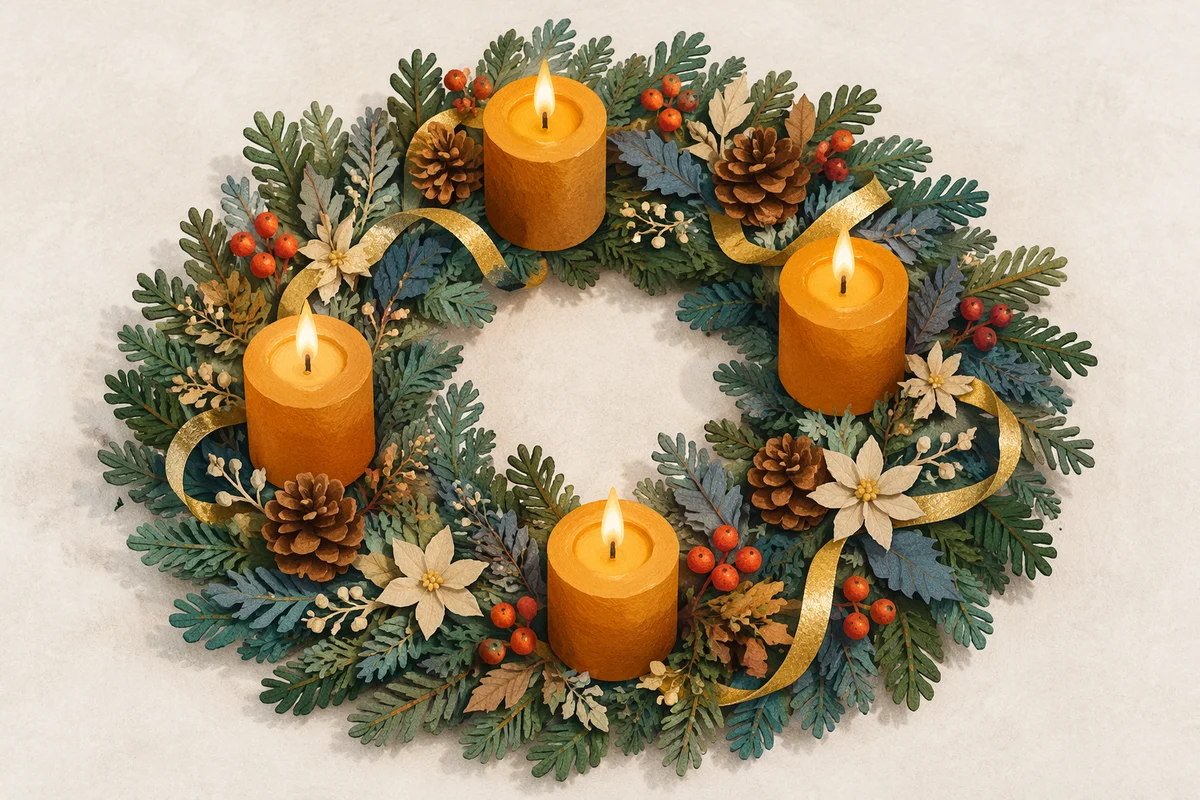 Lit Advent Wreath with Gold Candles