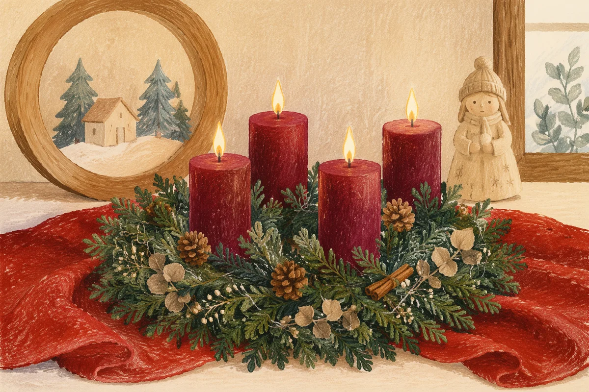 Lit Advent Wreath with Burgundy Candles