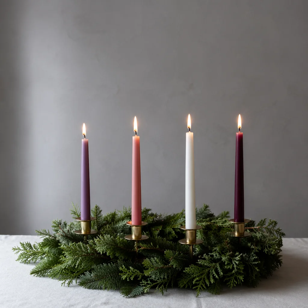 Lit Advent Wreath with Four Candles