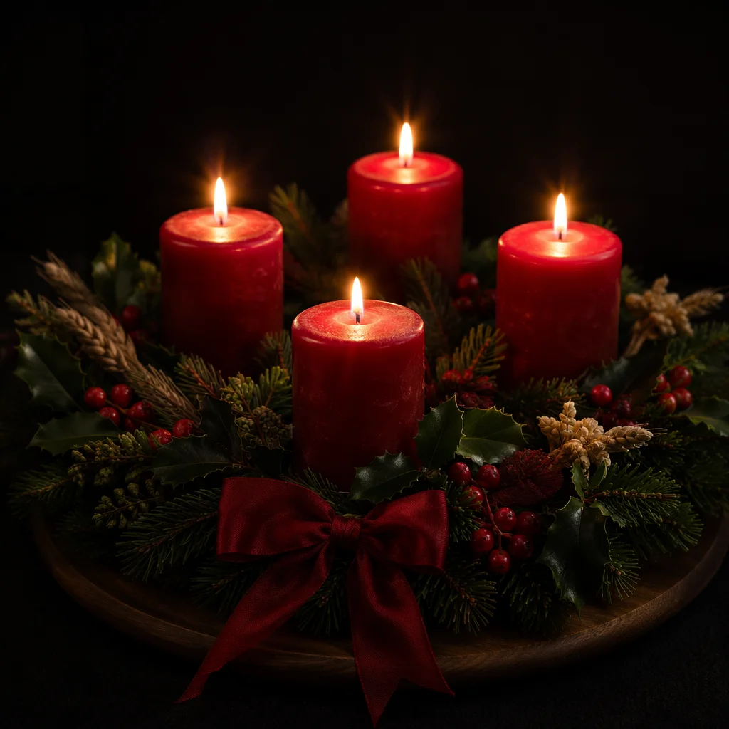 Lit Advent Wreath with Red Candles