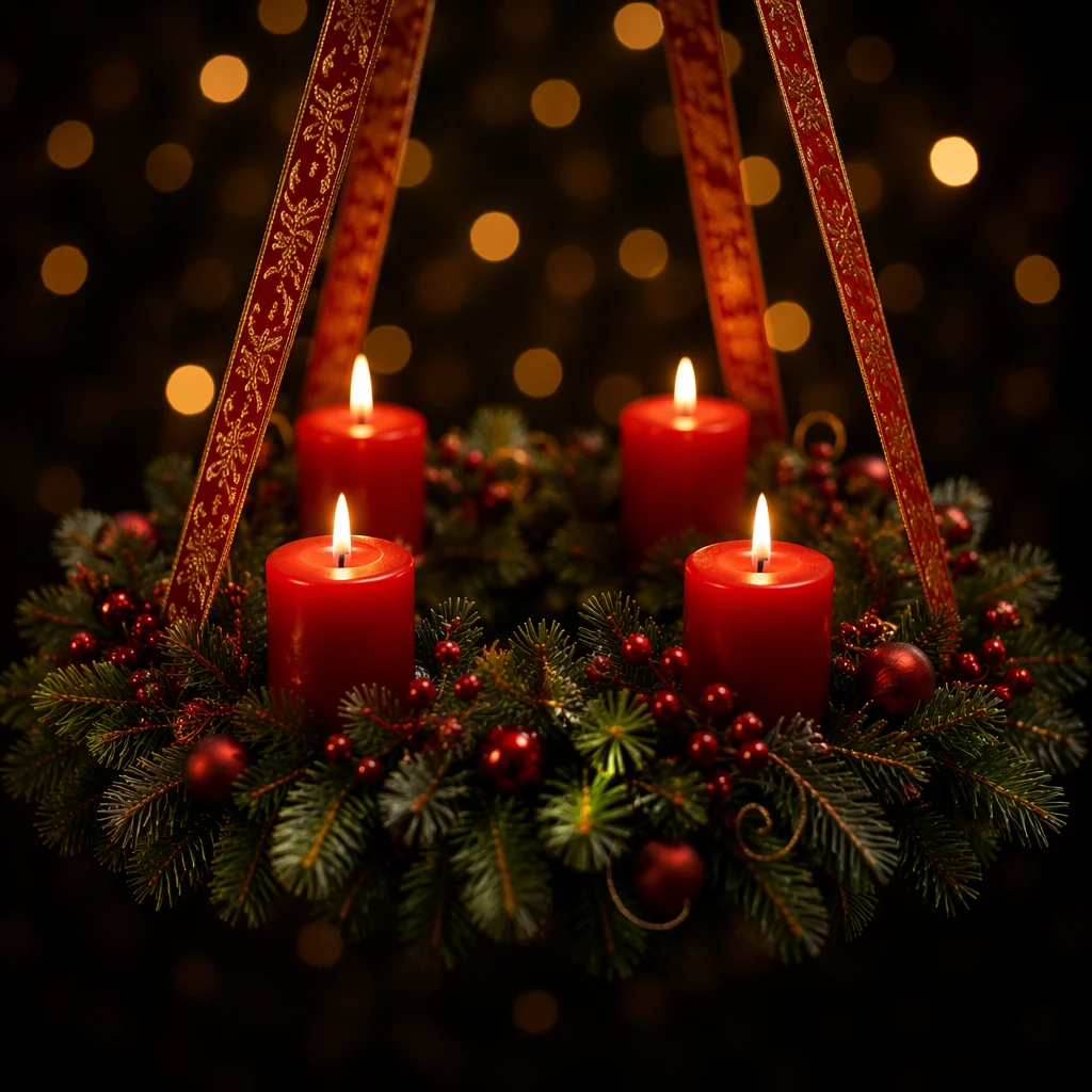 Lit Advent Wreath with Red Candles