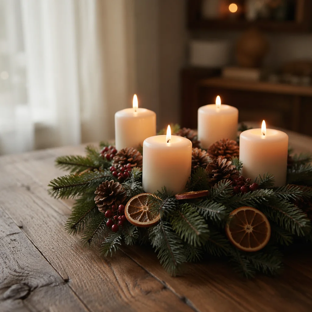 Lit Advent Wreath on Rustic Table