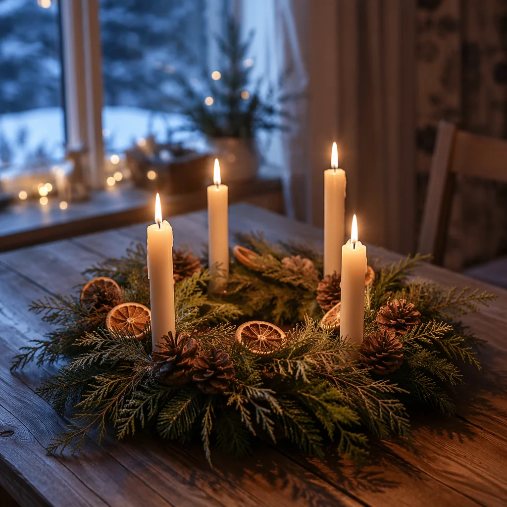 Glowing Advent Wreath on Rustic Table