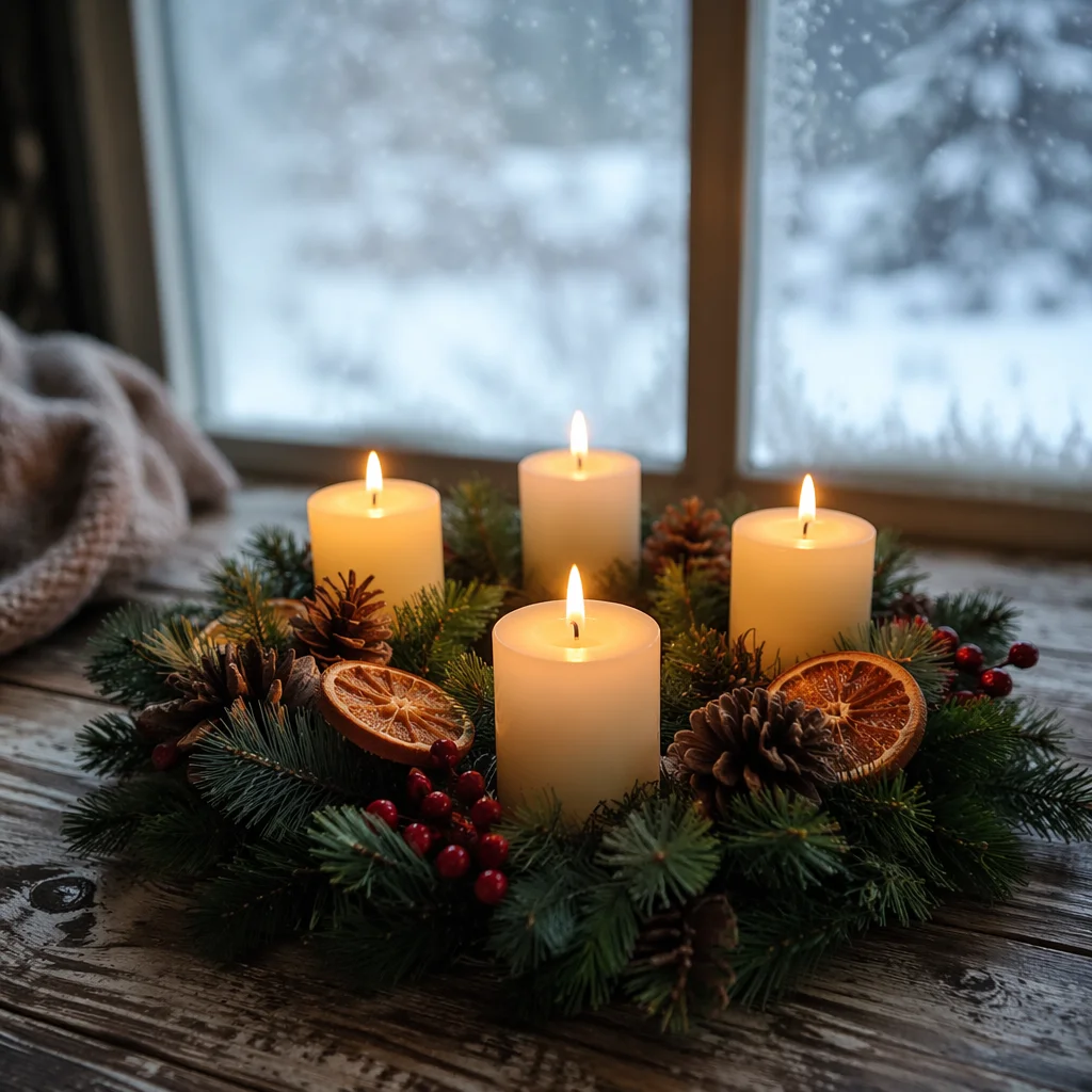 Rustic Advent Wreath with Four Lit Candles