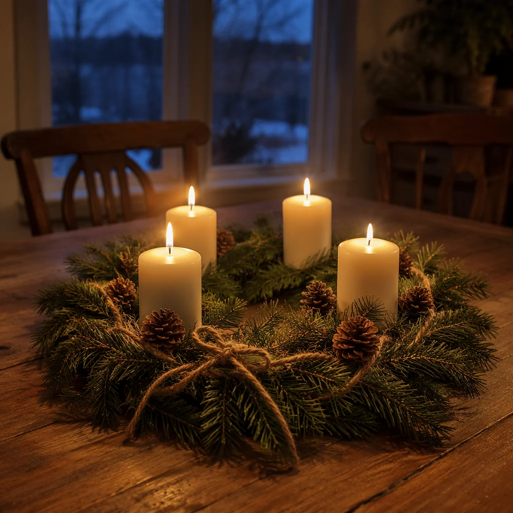 Four Lit Advent Candles on Rustic Table