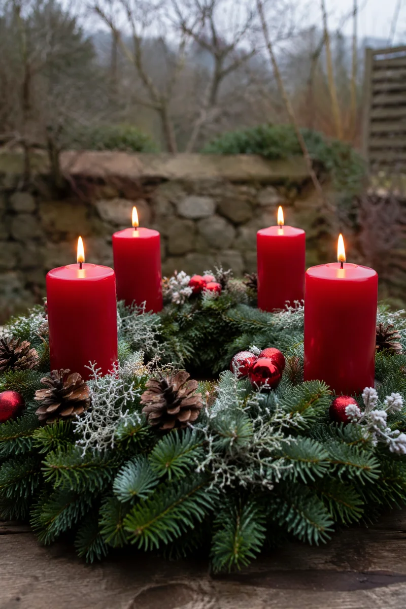 Four Lit Red Candles on Advent Wreath