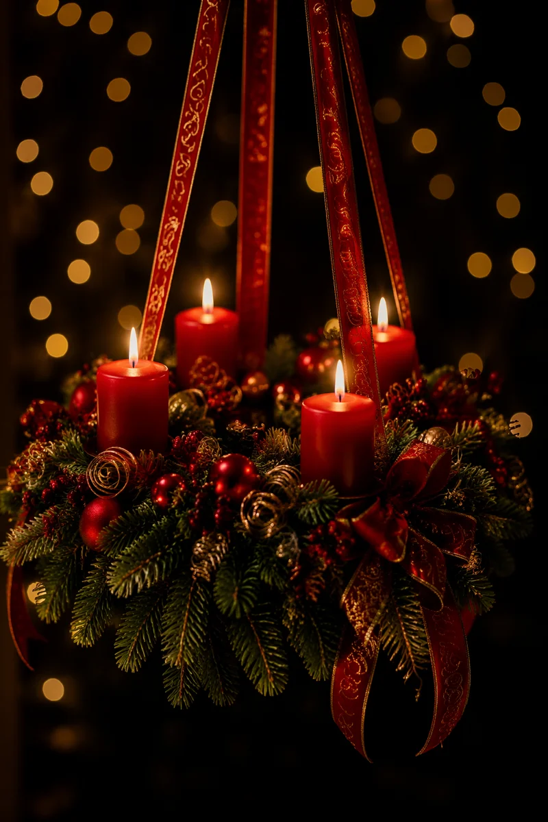Lit Advent Wreath with Red Candles