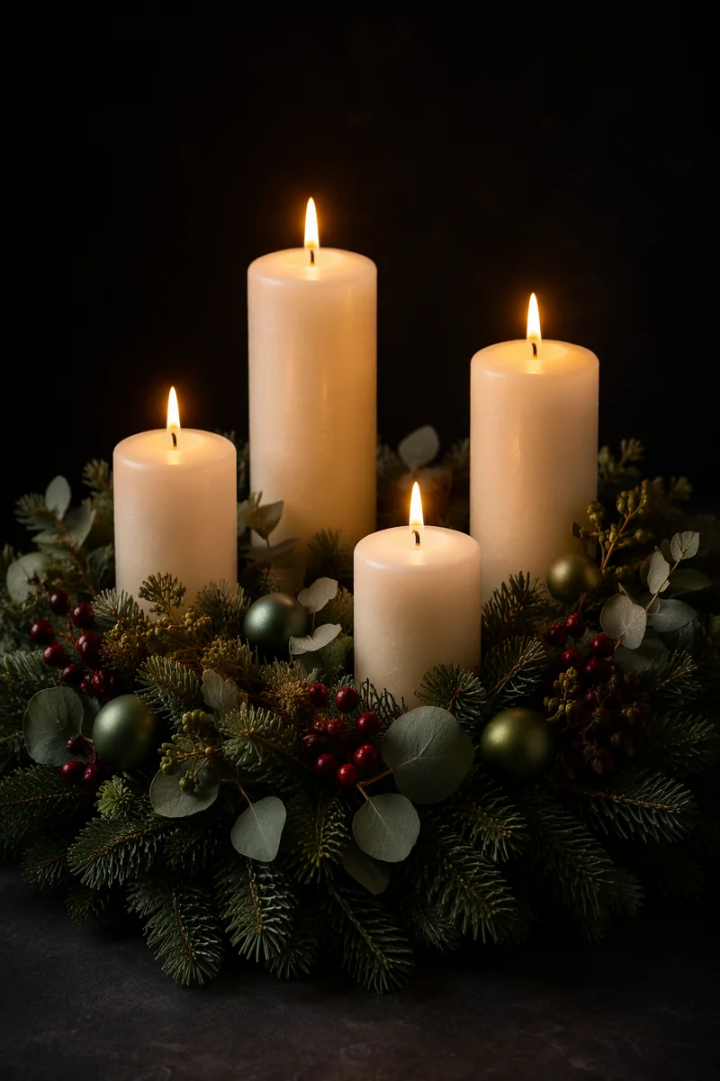 Lit Advent Wreath with Ivory Candles