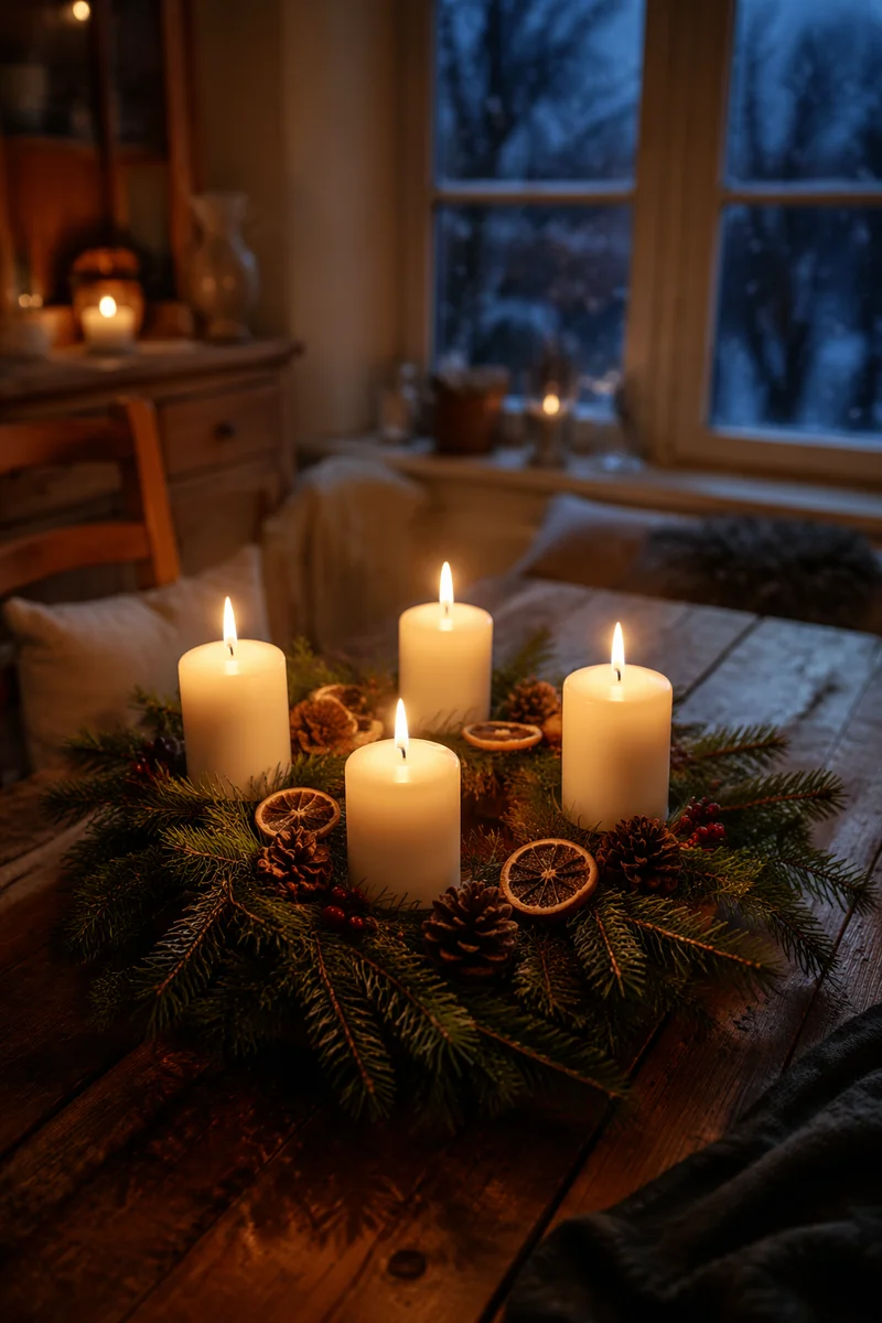 Four Lit Advent Candles on Evergreen Wreath
