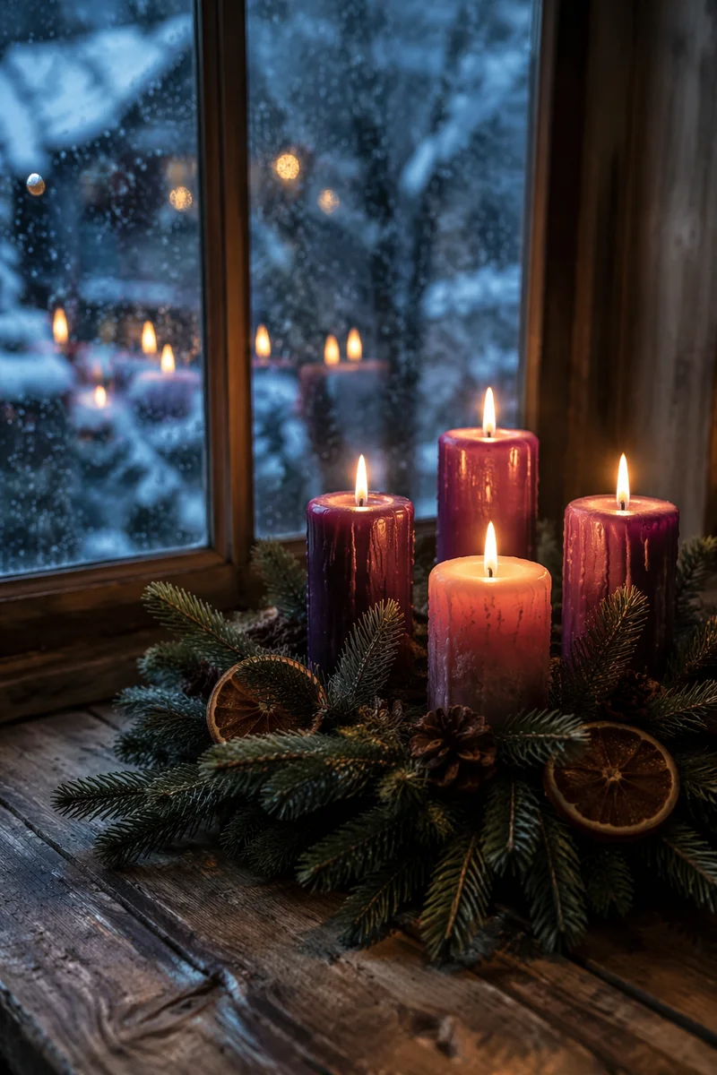Advent Wreath Candles at Snowy Dusk