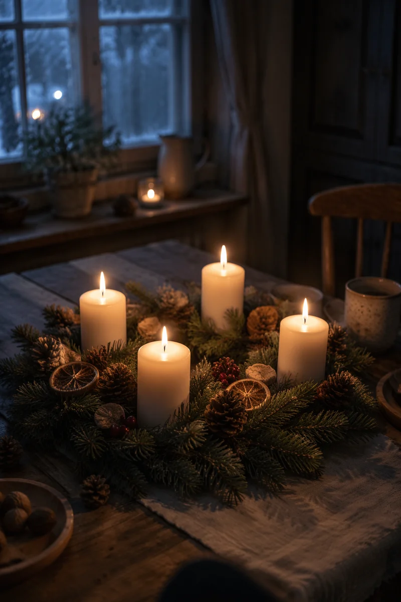 Lit Advent Wreath at Blue Hour