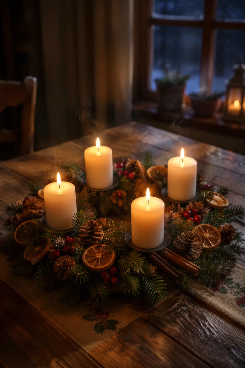 Advent Wreath with Four Lit Candles