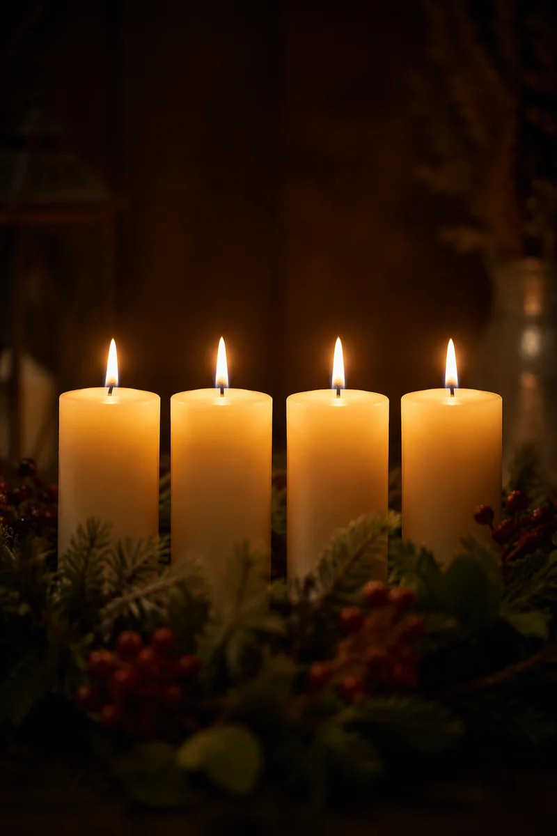 Four Lit Advent Candles in Evergreen Wreath
