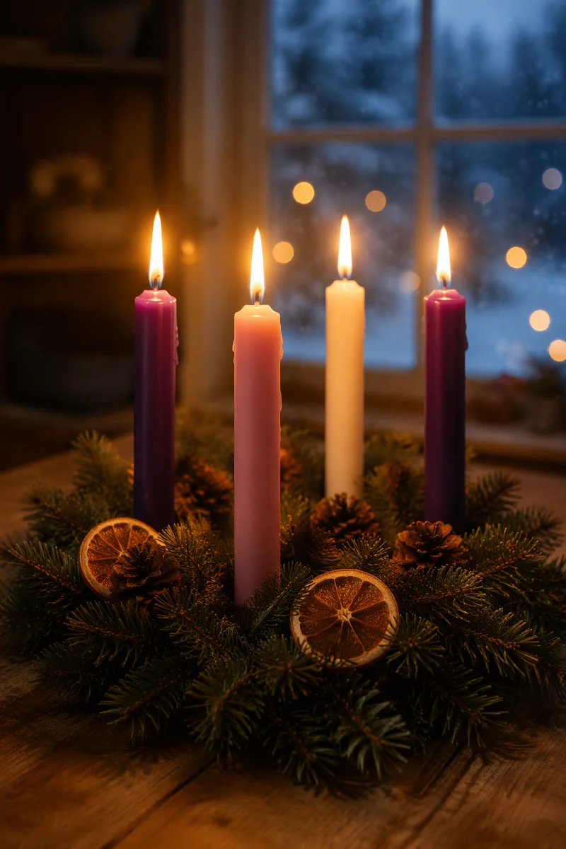 Four Lit Advent Candles at Dusk