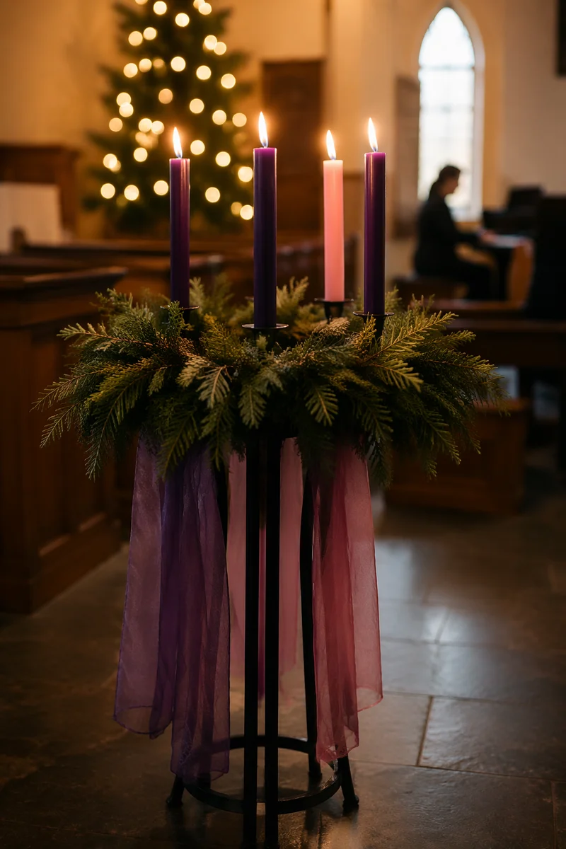 Lit Advent Wreath in Quiet Church Sanctuary