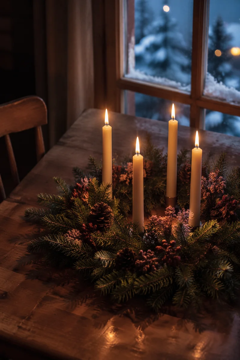 Four Lit Advent Candles at Twilight