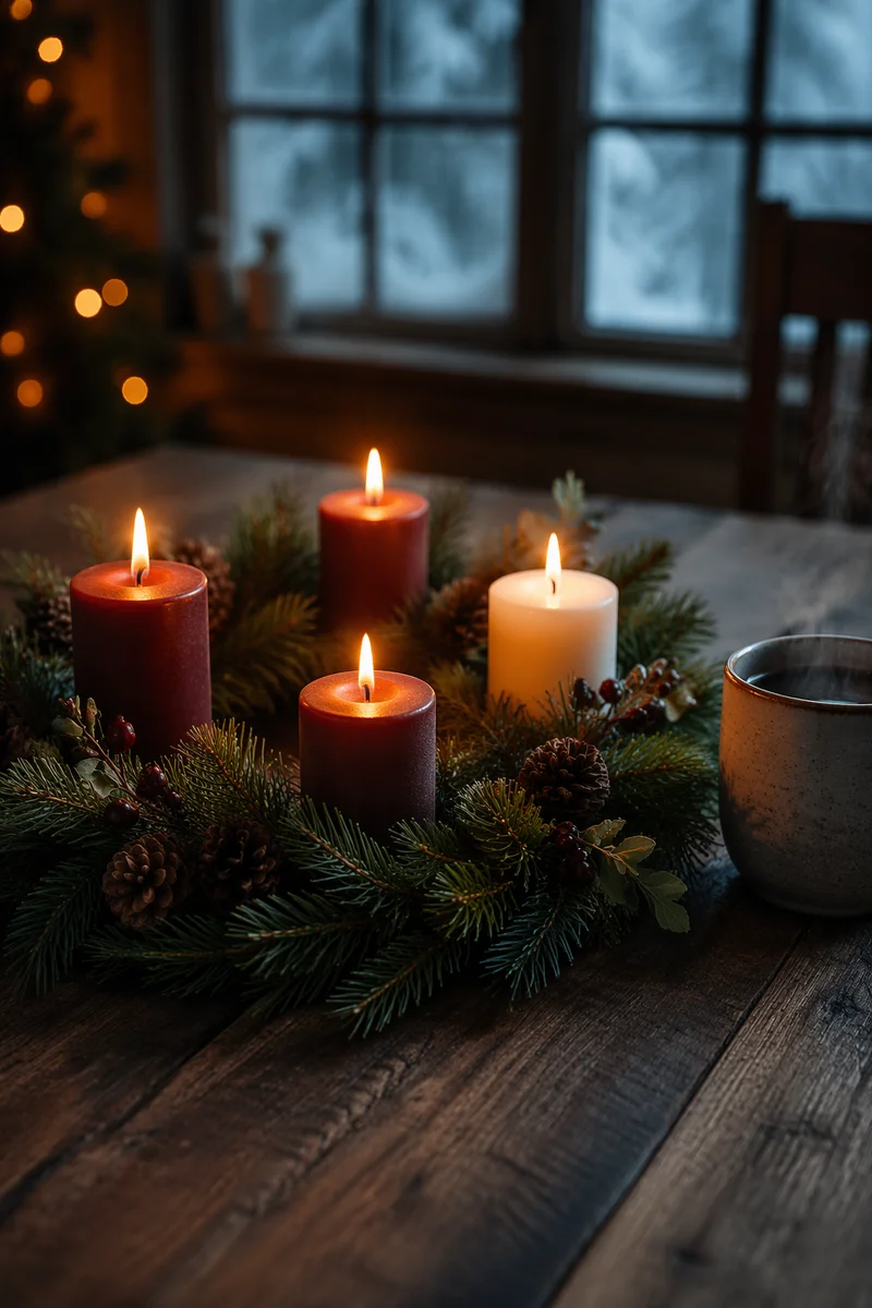 Advent Wreath with Four Glowing Candles