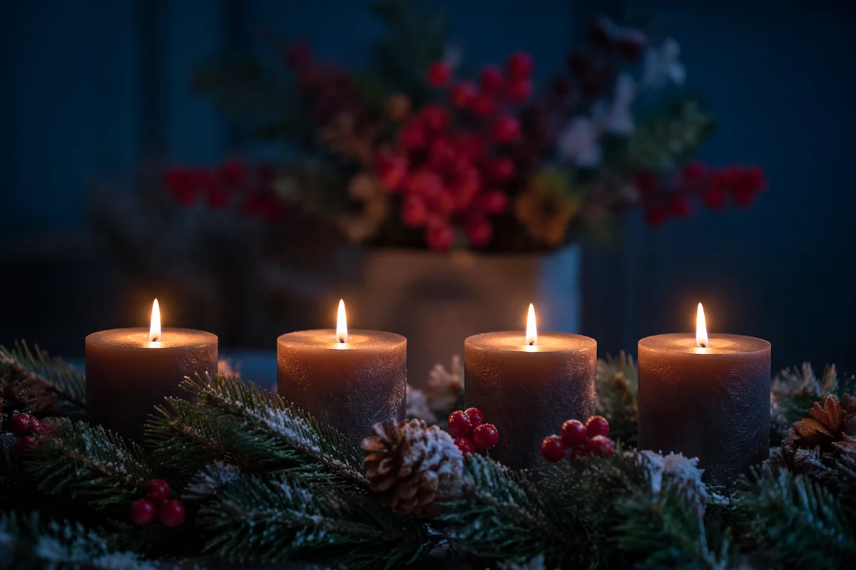 Lit Advent Wreath with Evergreen Candles