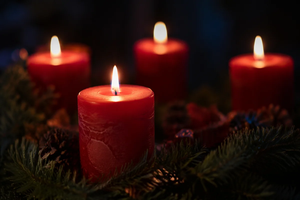 Advent Wreath with Four Lit Red Candles